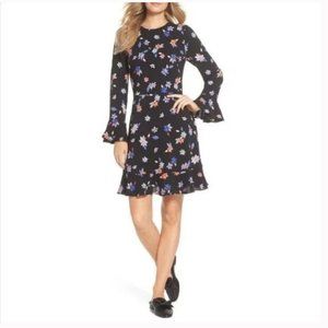 Eliza J Black Floral Ruffle Sleeve Sheath Fit & Flare Dress Size 0